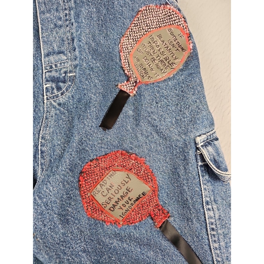 Vintage Sasson Denim Overalls Women's Medium Blue Custom Patches Cropped BOHO - Picture 5 of 13